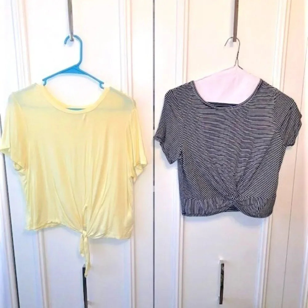 Set 2 Yellow front tie/B&W stripe front knot crop top tee